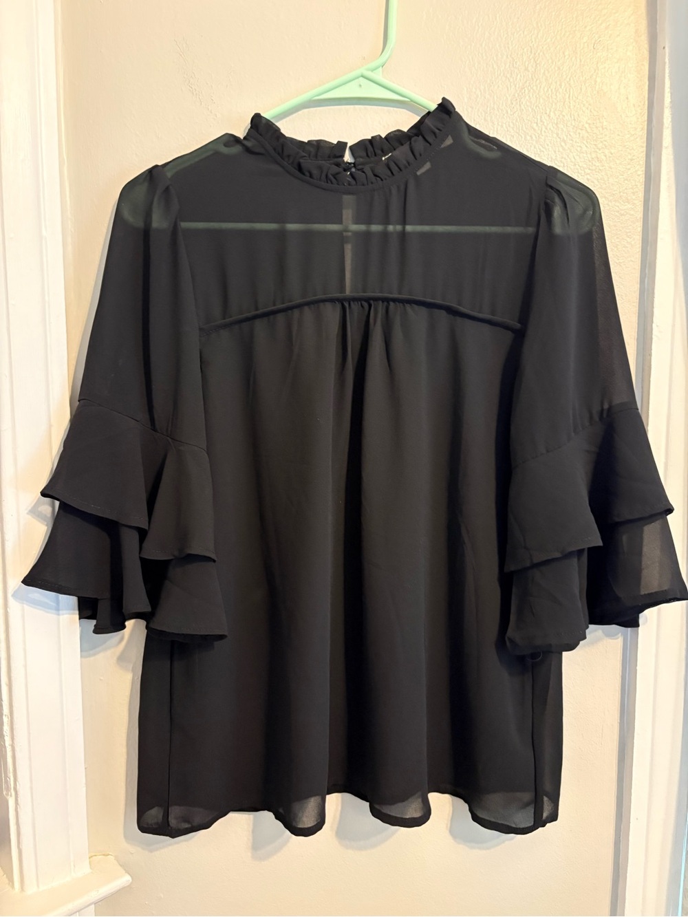 Monteau Black Ruffle-Sleeve Sheer Yoke Blouse